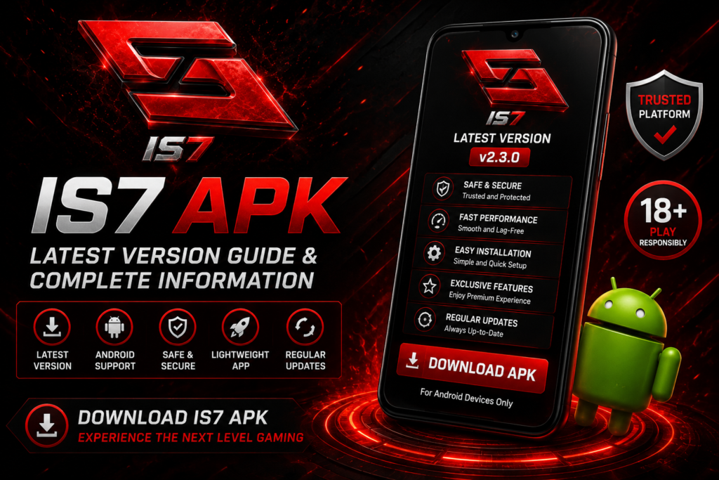 IS7 APK featured image with official IS7 logo, latest version guide, and Android download information