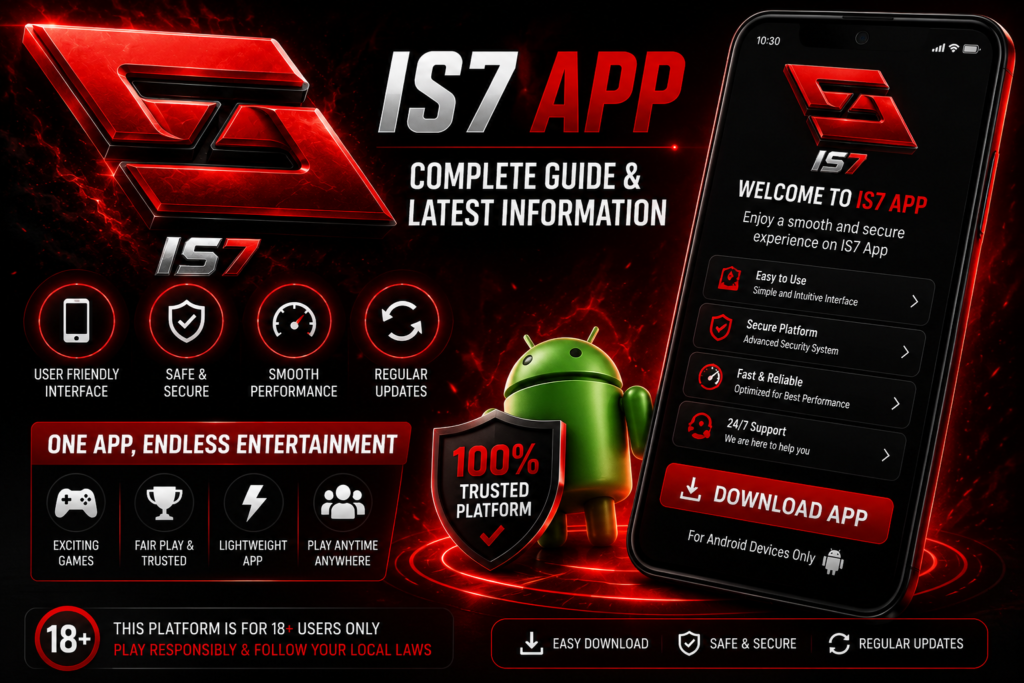 IS7 App featured image with official IS7 logo, complete app guide, and latest application information