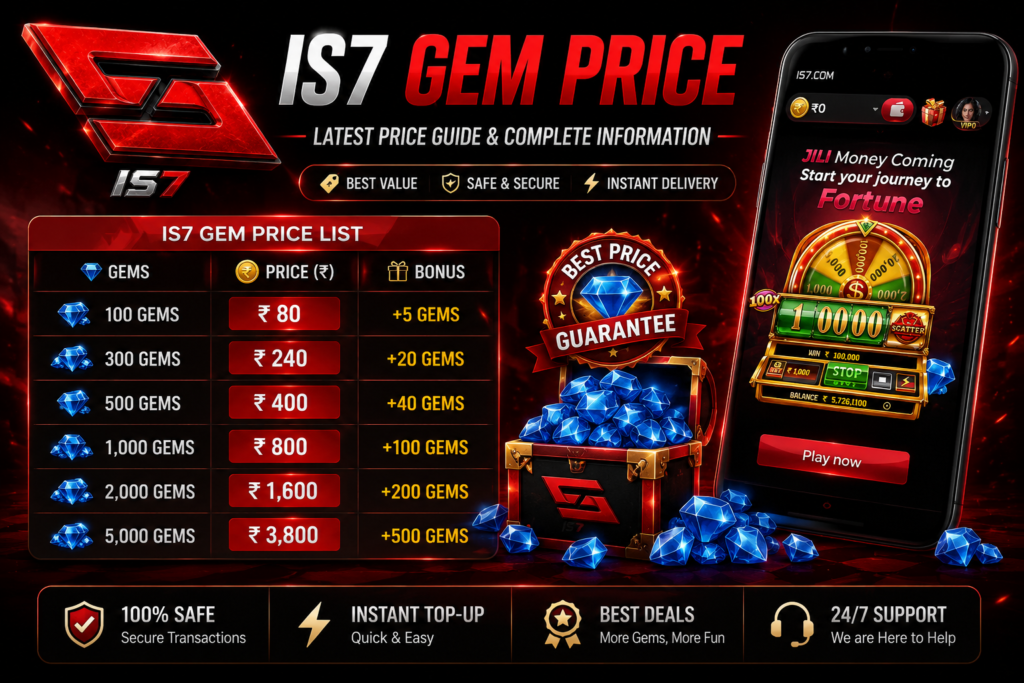 IS7 Gem Price featured image with official IS7 logo, gem price list, latest price guide, and game interface